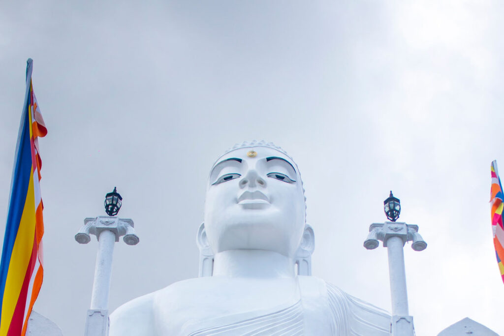 The large white seated Buddha statue looking out over Kandy