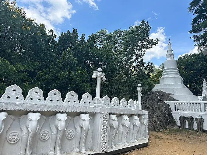 The Ruwanwelisaya dagoba at Anuradhapura rising behind its wall of carved elephant figures