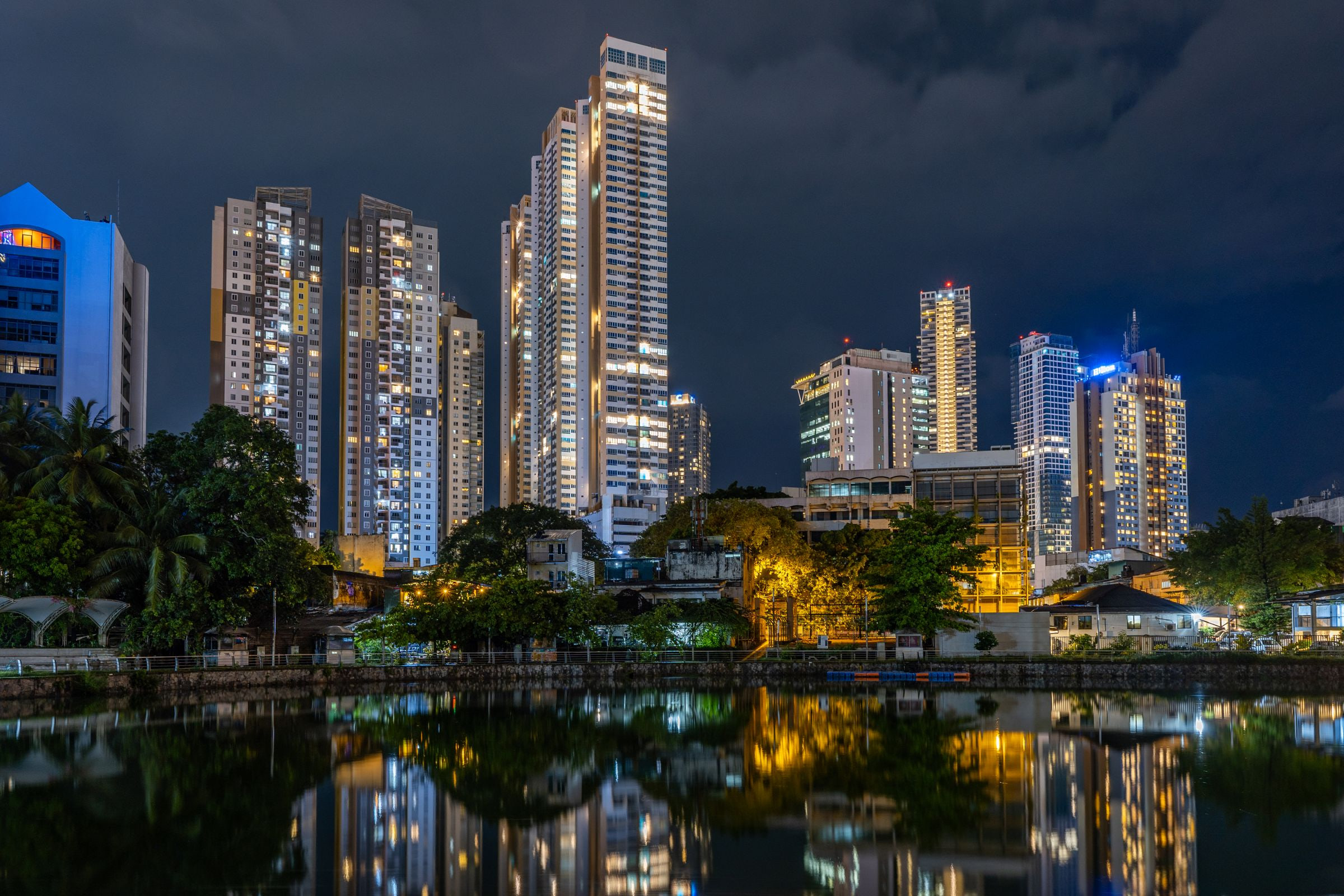 Colombo city lights reflected on the water after dark