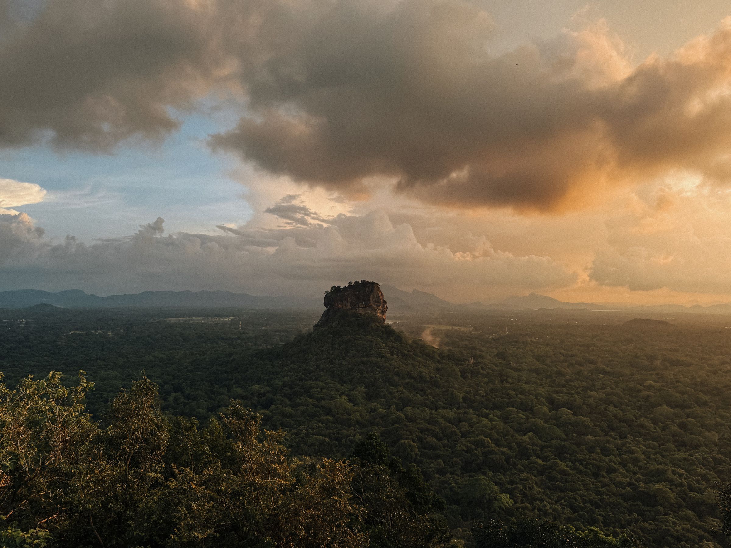 Sigiriya Rock rising above the surrounding forest at sunset