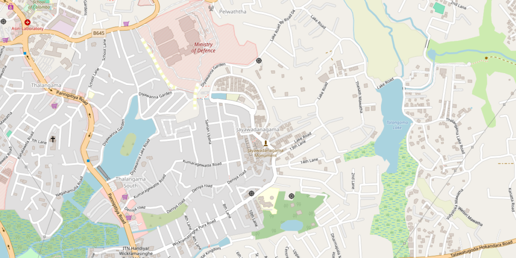 Street map of Jayawadanagama in Battaramulla, showing Pannipitiya Road, Talangama Lake and the surrounding lanes